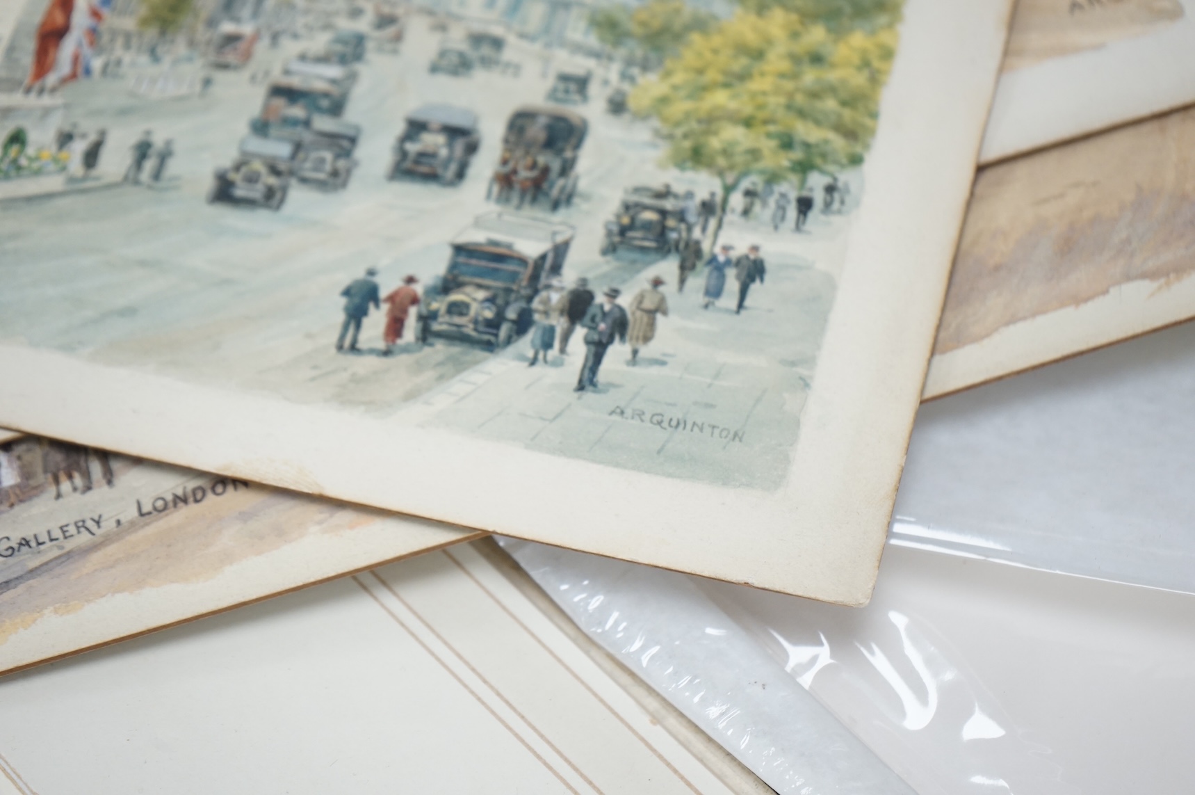 Alfred Robert Quinton (1853-1934), a set of four original watercolours for postcard designs, London scenes to include, ‘National Gallery’, ‘Regent Street’ and ‘Marble Arch’, each signed, unframed, 20 x 30cm